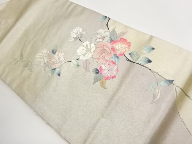 Nagoya obi with hand-painted gold leaf and flower pattern embroidery